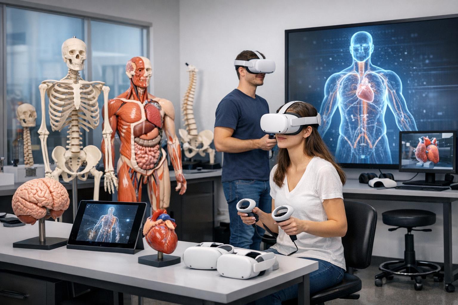zdjęcie: pracownia edukacyjna łącząca modele anatomiczne z technologią VR