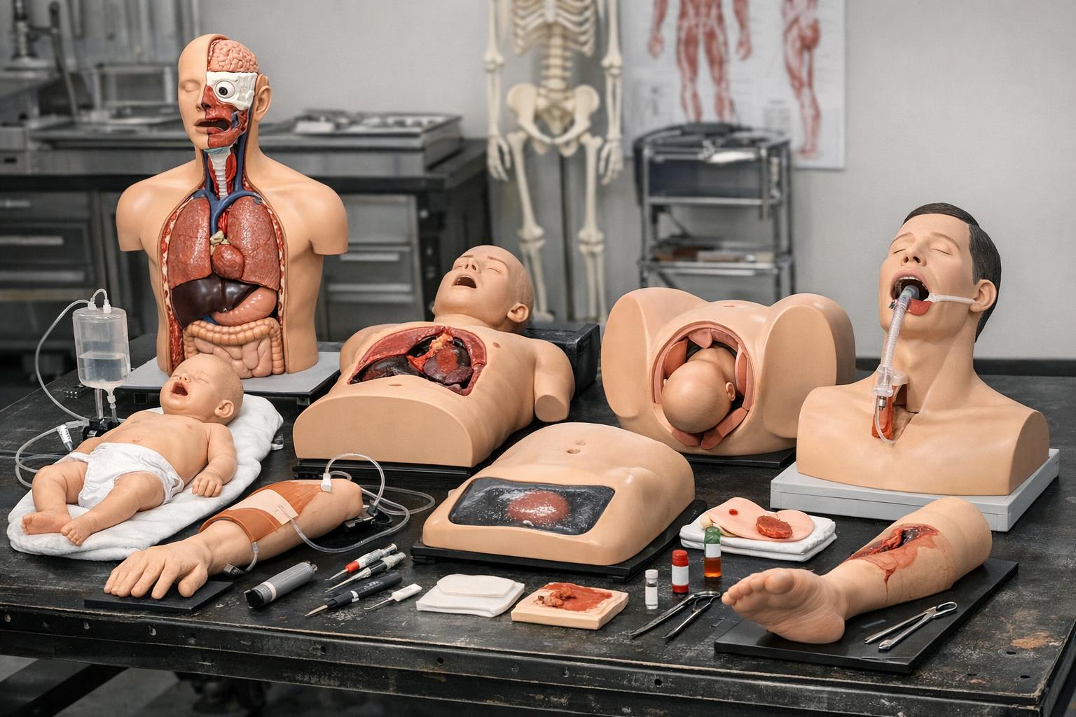 Zestaw fantomów anatomicznych i proceduralnych na stole warsztatowym