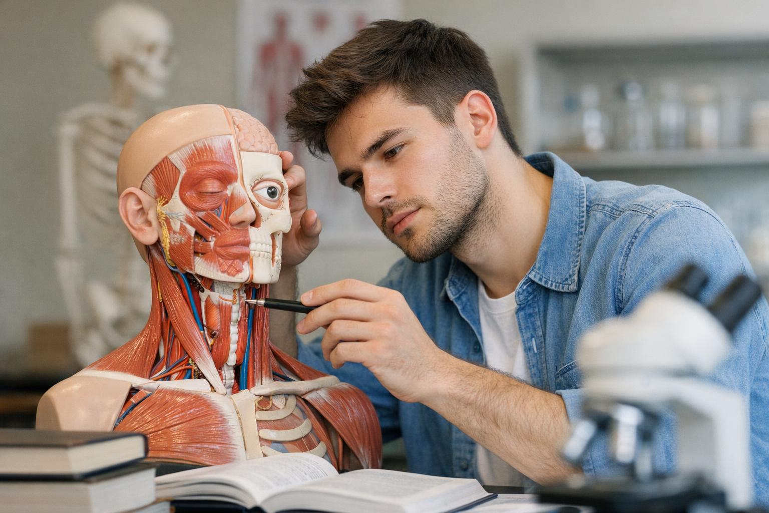 Zdjęcie studenta analizującego model anatomiczny głowy i szyi